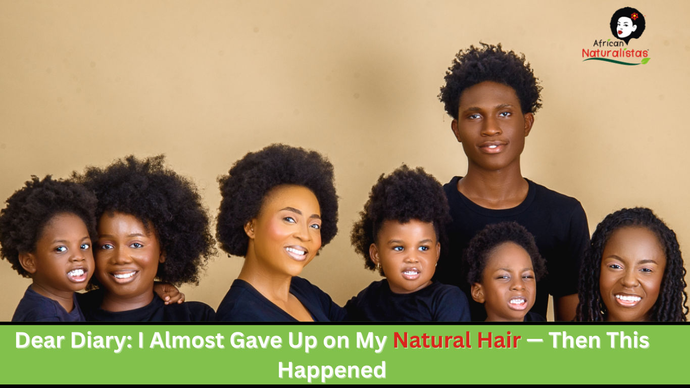 Smiling African family with natural hair of various textures and ages, representing natural hair journey and strength.